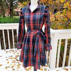 New! J Crew Belted Ruffle Black Tartan Plaid Dress M